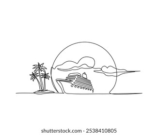 Continuous one line drawing of Cruise ship in the beach with palm tree. Cruise ship with summer beach landscape in single outline vector illustration. Editable stroke.