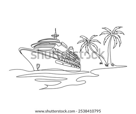 Continuous one line drawing of Cruise ship in the beach with palm tree. Cruise ship with summer beach landscape in single outline vector illustration. Editable stroke.