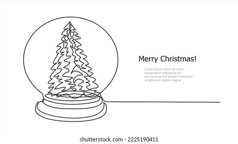 Dibujo continuo de una línea de cristal de nieve globo con árbol de navidad. Feliz concepto navideño.  tarjeta de Navidad