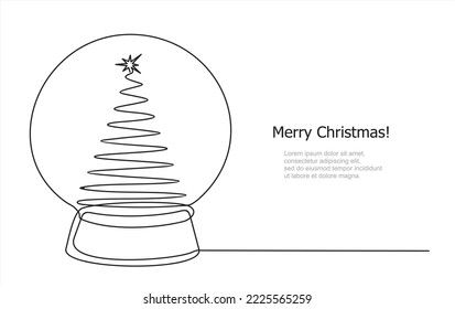 Dibujo continuo de una línea de cristal de nieve globo con árbol de navidad. Feliz concepto navideño.  tarjeta de Navidad