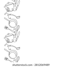 Continuous one line drawing of culinary utensils and chef tools. Abstract sketch pattern with pans, cutlery creates seamless backdrop for restaurant menus, gastronomy posters, cafe decor