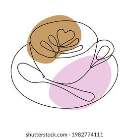 Continuous one line drawing with cup of coffee. Contemporary vector illustration on white background. Black line art on white background with colorful spots.