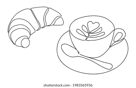 Dibujo continuo de una línea con taza de café y cruasán. Ilustración vectorial contemporánea sobre fondo blanco. Arte de línea negra con fondo blanco.