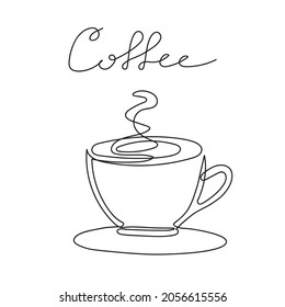 Continuous one line drawing of cup of coffee with steam and hand drawn lettering. Linear style. Vector illustration isolated on white background.