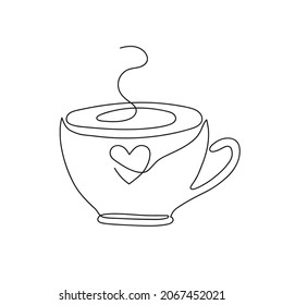 Continuous one line drawing of cup of coffee with steam and heart. Hand drawn cup of coffee isolated on white background. Linear style. Vector illustration.