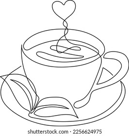 Continuous one line drawing of cup of green tea. Healthy herbal drink logo concept. Minimal vector illustration.