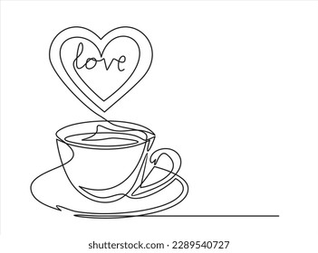 Continuous one line drawing of cup of hot coffee or tea. Heart shaped steam with inscription  "love" .
