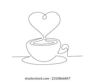 Kontinuierliche Zeichnung einer Tasse Kaffee mit Liebesdampf. Eine Tasse Kaffee-Linie Kunst Vektorgrafik. Konzept für Kaffeeliebhaber.  Bearbeitbarer Strich.