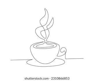 Continuous one line drawing of a cup coffee with steam. A cup of coffee line art vector illustration, food and beverage concept.  Editable stroke.