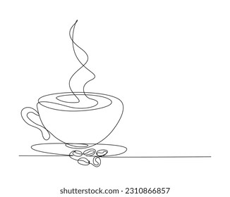 Continuous one line drawing of a cup coffee with bean and steam. A cup of coffee line art vector illustration. coffee shop concept.  Editable stroke.