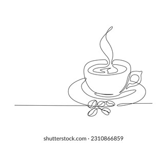 Continuous one line drawing of a cup coffee with bean and steam. A cup of coffee line art vector illustration. coffee shop concept.  Editable stroke.