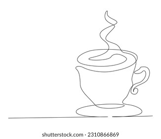 Continuous one line drawing of a cup coffee with steam. A cup of coffee line art vector illustration, food and beverage concept.  Editable stroke.