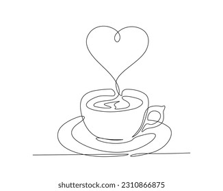 Continuous one line drawing of a cup coffee with love steam. A cup of coffee line art vector illustration. coffee lover concept.  Editable stroke.