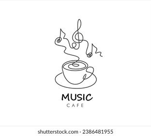 Continuous one line drawing of Cup of coffee with musical notes. Music cafe concept.