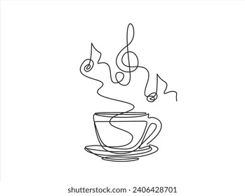 Continuous one line drawing of Cup of coffee with musical notes. Music cafe concept.