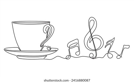 Continuous one line drawing of Cup of coffee with musical notes.	
