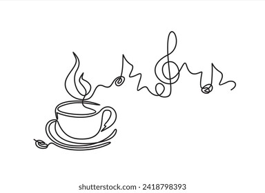 Continuous one line drawing of Cup of coffee with musical notes. Music cafe concept.	