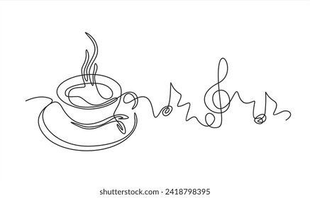 Continuous one line drawing of Cup of coffee with musical notes. Music cafe concept.	