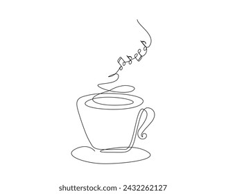 Continuous one line drawing of a cup coffee with music notes. A cup of coffee line art vector illustration, food and beverage concept.  Editable stroke.