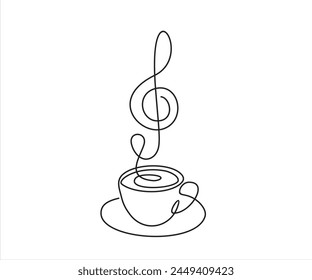 Continuous one line drawing of Cup of coffee with musical notes. Music cafe concept.	