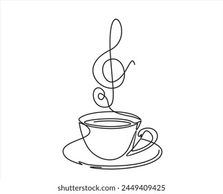 Continuous one line drawing of Cup of coffee with musical notes. Music cafe concept.	