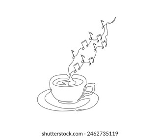 Dibujo continuo de una línea de una taza de café con notas musicales. Una taza de Ilustración vectorial de arte de la línea de café, concepto de alimentos y bebidas. Trazo editable.