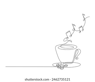 Continuous one line drawing of a cup coffee with music notes. A cup of coffee line art vector illustration, food and beverage concept. Editable stroke.