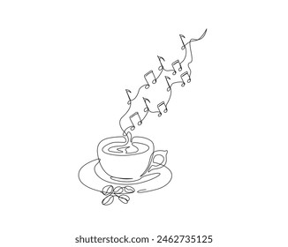 Continuous one line drawing of a cup coffee with music notes. A cup of coffee line art vector illustration, food and beverage concept. Editable stroke.