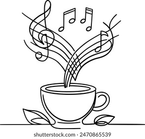Continuous one line drawing of a cup coffee with music notes. A cup of coffee line art vector illustration, food and beverage concept. Editable stroke