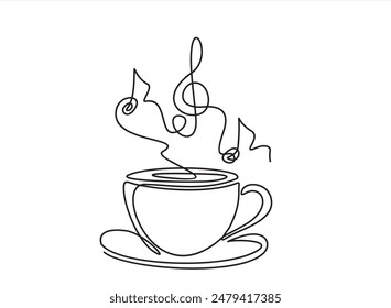 Continuous one line drawing of Cup of coffee with musical notes. Music cafe concept.