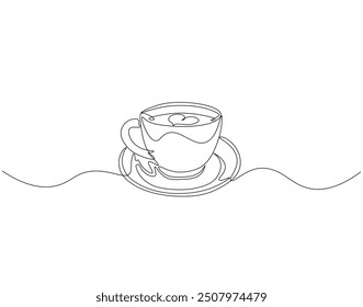 Continuous one line drawing of cup of coffee with latte art in saucer. One line drawing illustration of cup of coffee. International coffee day concept line art. Editable outline