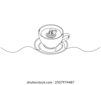 Continuous one line drawing of cup of coffee with latte art in saucer. One line drawing illustration of cup of coffee. International coffee day concept line art. Editable outline