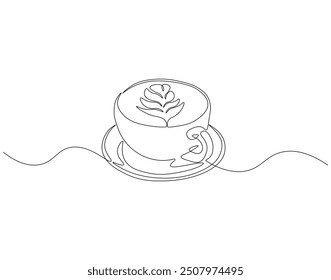 Dibujo continuo de una línea de taza de café con arte de café con leche en platillo. Ilustración de dibujo de una línea de taza de café. Concepto de arte de línea del día de café internacional. Esquema editable