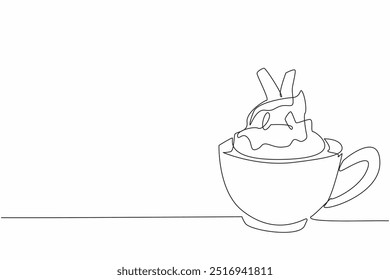 Continuous one line drawing the cup with chocolate drink and whipped cream. Creamy in the mouth. Very delicious in every sip. National Hot Chocolate Day. Single line draw design vector illustration