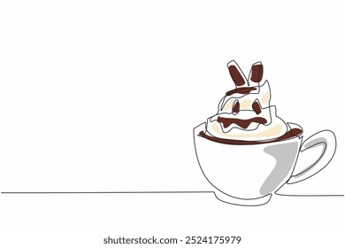 Continuous one line drawing the cup with chocolate drink and whipped cream. Creamy in the mouth. Very delicious in every sip. National Hot Chocolate Day. Single line draw design vector illustration