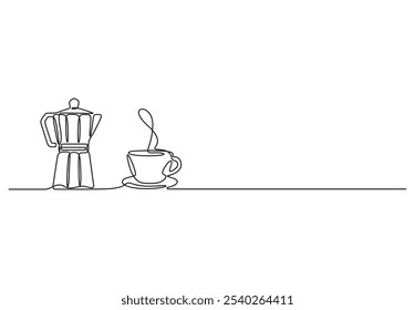 Continuous one line drawing of cup of espresso and moka pot, line art vector illustration