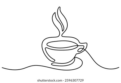 Continuous one line drawing cup of hot coffee graphic design. Single line art illustration white background, Cup of Tea Continuous Line Icon.