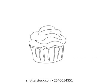 Continuous one line drawing of cup cake. One line drawing illustration of muffin cake. Pastry, bakery concept single line. Editable outline