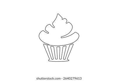 Continuous one line drawing of cup cake. One line drawing illustration of muffin cake, Sweet cupcake simple outline illustration. Continuous line drawing