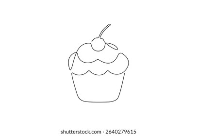 Continuous one line drawing of cup cake. One line drawing illustration of muffin cake, Sweet cupcake simple outline illustration. Continuous line drawing