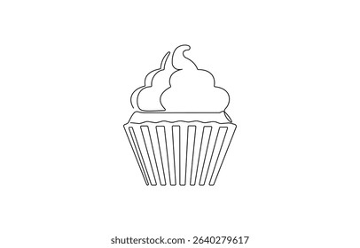 Continuous one line drawing of cup cake. One line drawing illustration of muffin cake, Sweet cupcake simple outline illustration. Continuous line drawing