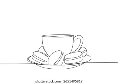 Continuous one line drawing a cup with a base filled with colorful macarons. A cup of warm coffee or tea with sweet treats. Tasty. National Macaron Day. Single line draw design vector illustration