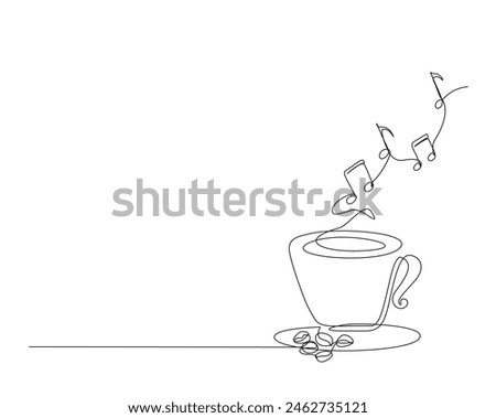 Continuous one line drawing of a cup coffee with music notes. A cup of coffee line art vector illustration, food and beverage concept. Editable stroke.