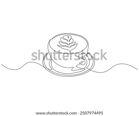 Continuous one line drawing of cup of coffee with latte art in saucer. One line drawing illustration of cup of coffee. International coffee day concept line art. Editable outline