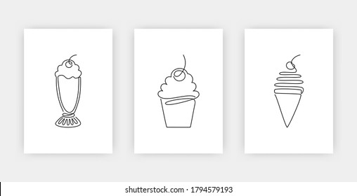 Continuous one line drawing of cupcake milkshake ice cream cone with cherry. Modern poster set dessert and summer cafe theme for print. Minimalist design vector illustration