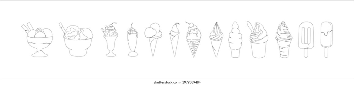 Kontinuierliche Zeichnung einer Linie von Cupcake Milkshake Eis Kegel mit Kirsche. Modernes Plakatset Dessert und Sommercafé Thema für Druck. Minimalistische Design-Vektorgrafik