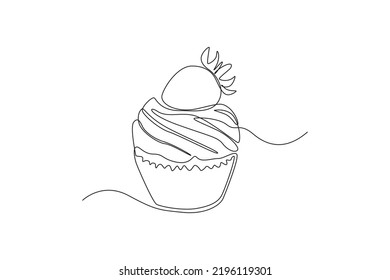 Dibujo continuo de una línea Cupcake con fresa encima. Concepto de postre. Ilustración gráfica vectorial de diseño de líneas simples.