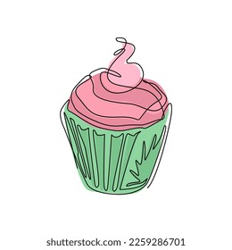 Continuous one line drawing cupcake with cream and cherry logo. Hand drawing art dessert theme with muffin and red cherry for logo isolated. Minimalistic poster. Single line draw design vector graphic