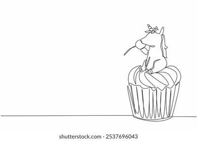 Continuous one line drawing cupcake with unicorn head on top eat cherry. Perfect combination. Very much liked by children. National Unicorn Day - Cupcake. Single line draw design vector illustration