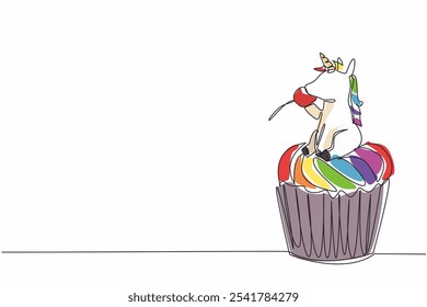 Continuous one line drawing cupcake with unicorn head on top eat cherry. Perfect combination. Very much liked by children. National Unicorn Day - Cupcake. Single line draw design vector illustration